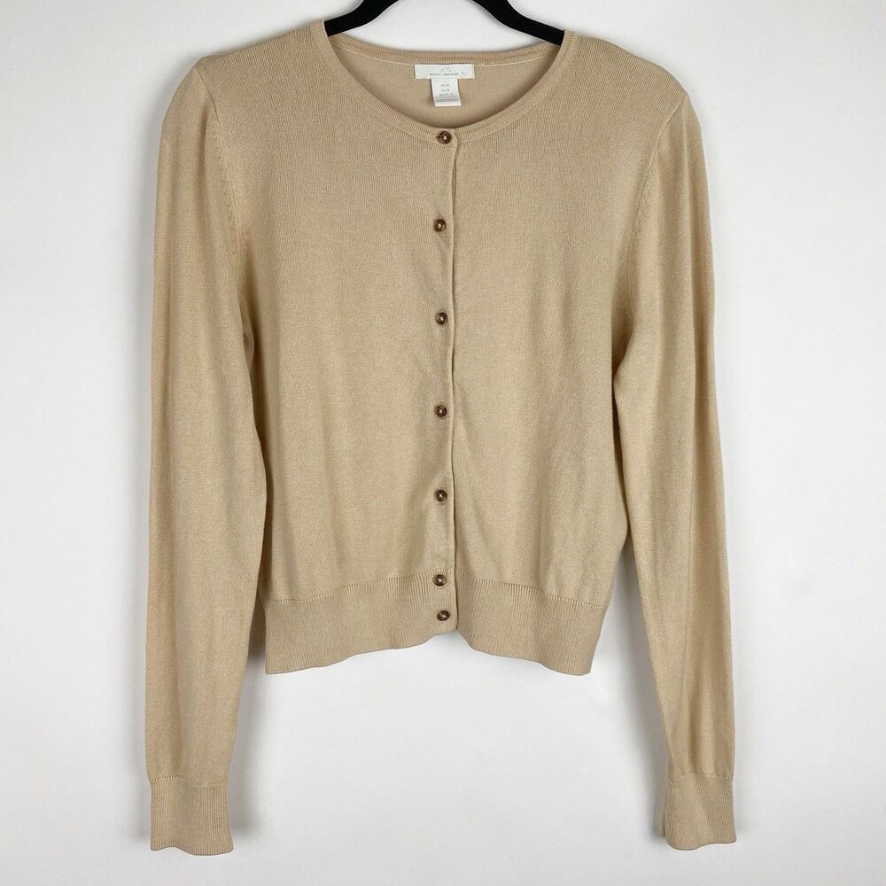 H&M Basics Metallic Button Front Crew Neck Cardigan Sweater Womens Medium Tan